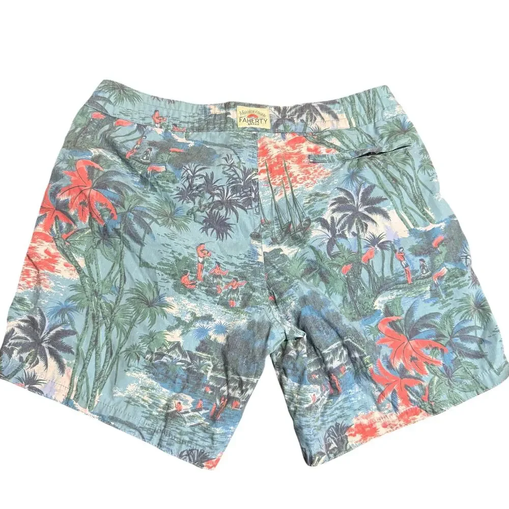 Faherty Brand Tropical Swim Trunks Board Shorts, Blue Palm Scenic Print, 34